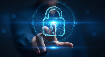 A person's finger touches a glowing digital padlock icon, symbolizing cybersecurity and data protection.
