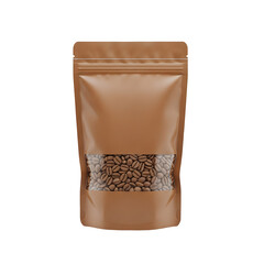 Brown kraft paper stand up pouch bag with zipper and window filled with seeds isolated on transparent background