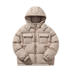 Beige puffer jacket with hood isolated on transparent background
