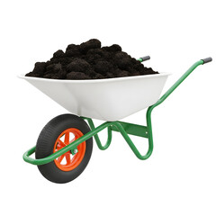 White wheelbarrow filled with black soil isolated on transparent background
