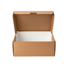 Open brown cardboard box with white tissue paper inside isolated on transparent background