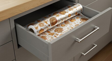 A roll of decorative contact paper with a floral pattern is stored in an open kitchen drawer.