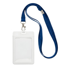 White blank id card holder with blue lanyard isolated on transparent background