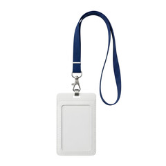 Blank white id card holder with blue lanyard isolated on transparent background