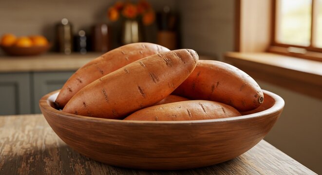 A rustic wooden bowl filled with fresh organic sweet potatoes on a kitchen counter with natural light.