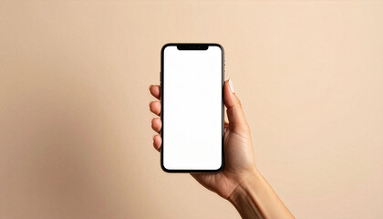 Woman's hand holding a smartphone on a beige background
