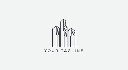 Minimalist architectural design featuring three modern skyscrapers with a tagline.