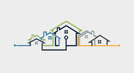 Colorful Line Art Depicting a Connected Network of Houses.