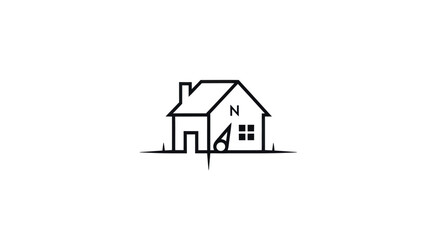Minimalist Line Art Drawing of a House with Compass Elements.