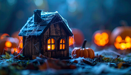 Miniature wooden house draped in spider webs with glowing pumpkins blurred on background