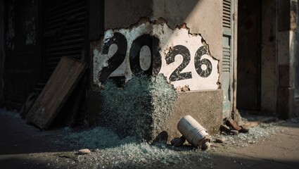 Urban Decay Street Corner with Weathered Pillar Marked 2026, Shattered Glass and Rust Gritty Backdrop
