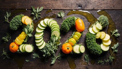 Colorful Vegetables and Fresh Herbs Arranged to Spell 2026 on Rustic Board, Healthy Cooking Background