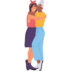 Two Women Embracing Warmly A Younger Woman With Brown Hair And A Red Headband Hugs An Older Woman With Gray Hair And A Yellow Shirt Against A White Background