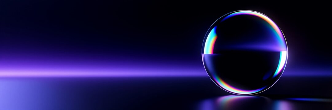 Abstract futuristic background with a glass sphere. Transparent crystal lens reflecting vibrant rainbow colors on a dark purple surface. Modern technology banner with copy space