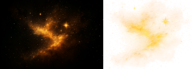 Golden cosmic nebula light effect with stars on black and white background Dual Galaxy Visualization – High-Contrast vs Soft Diffuse Nebula Comparison explosion of fire