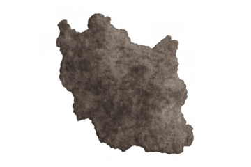 Iran country map on transparent background, made from old, textured burnt paper, representing concepts of conflict, crisis, and history