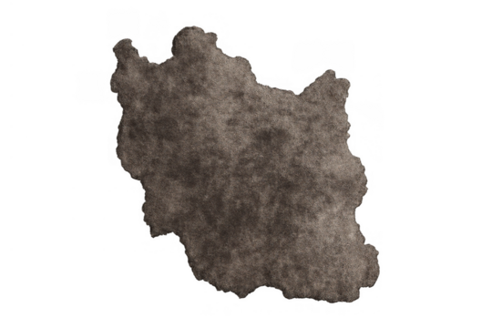 Iran country map on transparent background, made from old, textured burnt paper, representing concepts of conflict, crisis, and history