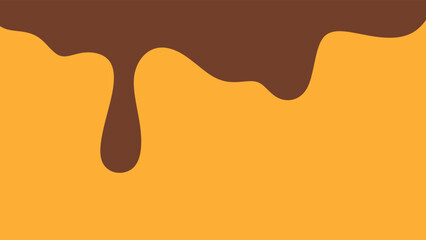 Melted chocolate drops on orange background. Melted chocolate, caramel sauce, or honey dripping from the top. Minimalist dripping melted chocolate.