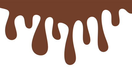 Melted chocolate or syrup drips isolated on a white background. Flowing liquid chocolate border element. A sweet brown syrup or sauce that melts and drips. Minimalist melted chocolate drops.