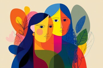 Modern geometric illustration of women in warm colors