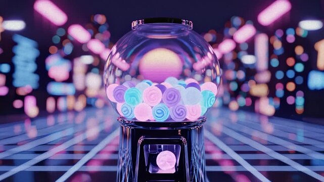 Glowing Gumball Machine Dispensing Candy in Cyberpunk Cityscape