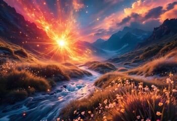 Mystical River Valley Landscape with Fiery Sunburst and Flowing Water