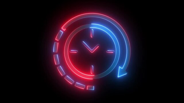 Neon clock with a circular arrow around red and blue color animation with black background.