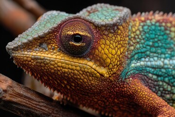 Fototapeta premium Chameleon on a Branch. Mesmerizing details of its iridescent skin, evoking a sense of wonder and awe. Generative Ai