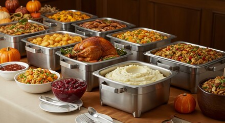 Abundant Thanksgiving Feast Buffet Spread with Roasted Turkey and Side Dishes.