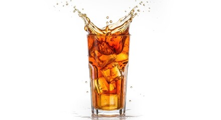 Refreshing ice cold cola splash in tall glass captures motion and beverage energy