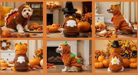 Adorable Dogs Dressed in Festive Thanksgiving Costumes for Holiday Celebration.