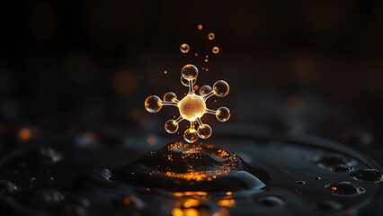 A single, complex, glowing molecule emerges from a dark, primordial aqueous solution, symbolizing the spark of life.