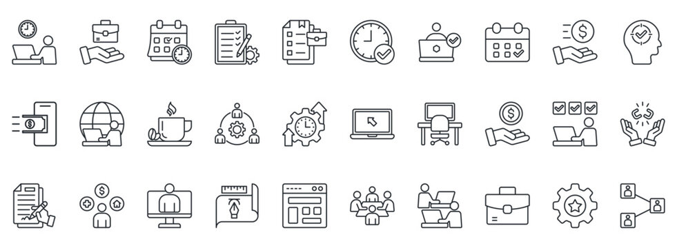 Freelance Icon Set. Contains Icons That Are Relevant For Business. Designed In Vector Outline Style