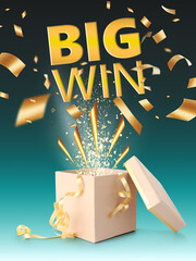 Prize for winner. Confetti bursting out of box on teal gradient background