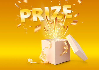 Prize for winner. Confetti bursting out of box on orange gradient background