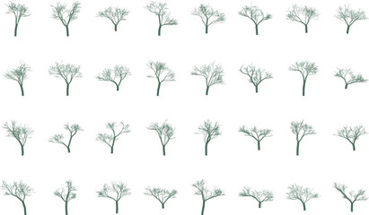 Collection of diverse stylized leafless trees with intricate branching patterns minimalist nature elements