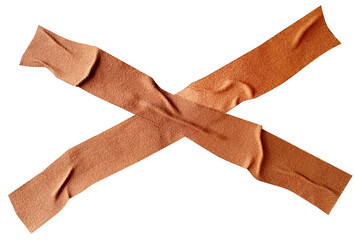 Cross of adhesive wrinkled brown medical fabric plaster, bandage, x sign masking, on transparent background, PNG