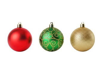 Three festive christmas ornaments including a red a green patterned and a gold patterned bauble isolated on transparent background