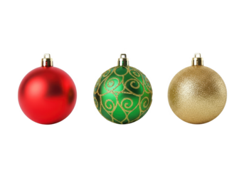 Three festive christmas ornaments including a red a green patterned and a gold patterned bauble isolated on transparent background