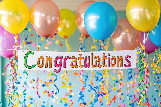 Vibrant interior photo of room decorated for a celebration with "Congratulations" sign, balloons, streamers and festive atmosphere