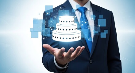 Man Presenting Tiered Data Storage in Hand with Network Connection and Suit