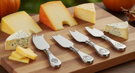 Assortment of gourmet cheeses and elegant serving knives on a wooden board.