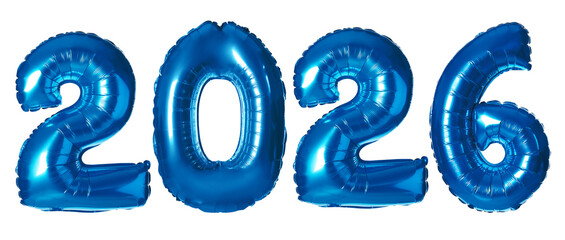 Happy New 2026 Year. Blue balloons in shape of numbers on white background