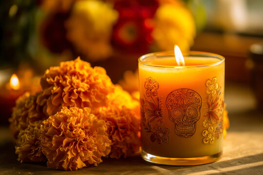 Warm glowing candle with skull and floral designs next to vibrant marigold flowers symbolizing remembrance and celebration in soft ambient light
