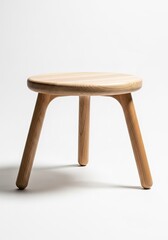 Minimalist Light Wood Stool with Round Seat and Three Legs on White Background