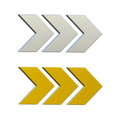 three silver and golden squared arrows right icon. swipe up buttons set. Upload icon. Upgrade, speed up sign. Right side pointing arrow.