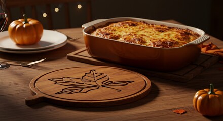 Autumn Feast - A Cozy Thanksgiving Dinner Setting with Pumpkin and Casserole.