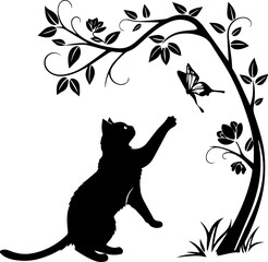 Black and White Silhouette of Cat Reaching Butterfly Near Tree Branch – Minimalist Nature Scene
