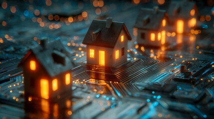 Small glowing houses integrated with futuristic circuit board patterns symbolizing the connection between technology and smart home living innovation at night