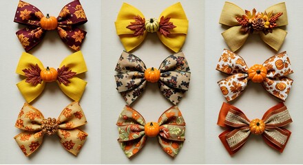 A beautiful collection of handmade autumn themed hair bows with pumpkin decorations.
